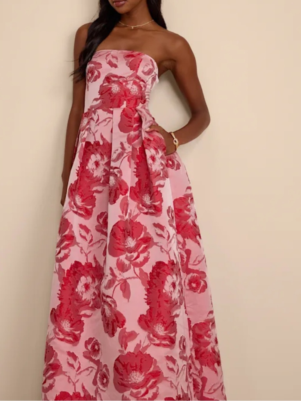 Lulu’s x The Devil Wears Prada Elsa Strapless Floral Jacquard Maxi Pink Small